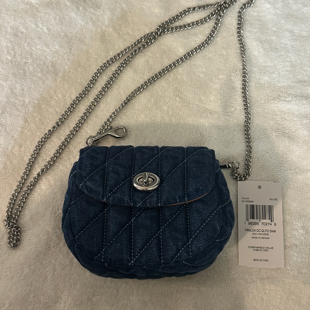Coach Quilted Blue Denim Mini Bag with Silver Chain